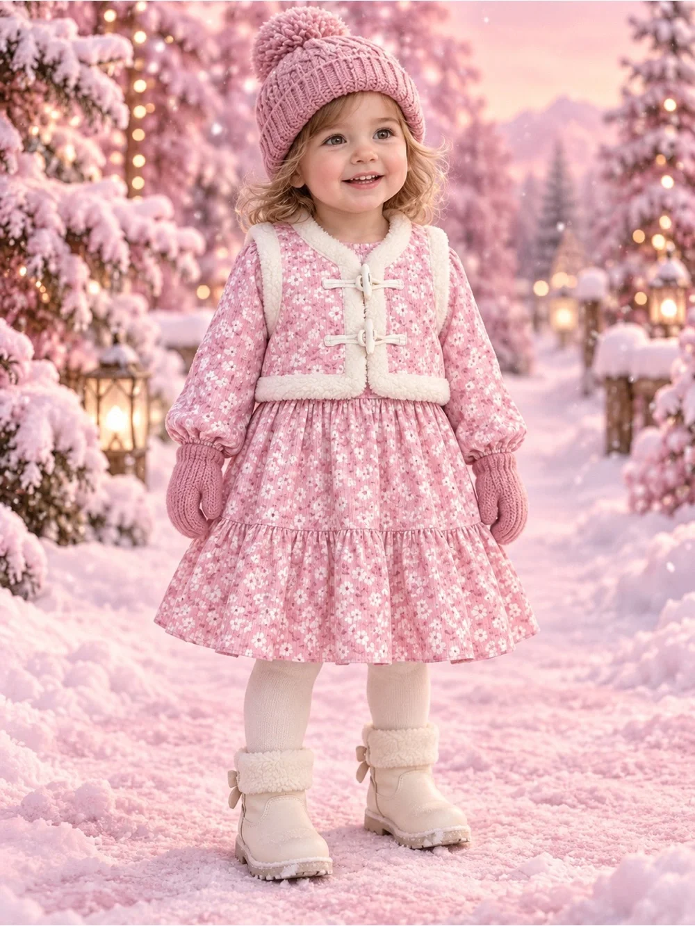Lots of Love Girls 4T Pink Floral Ribbed Dress Sherpa Vest Set